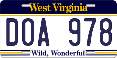 WV license plate DOA978