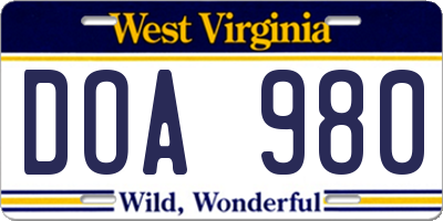WV license plate DOA980