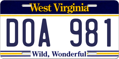 WV license plate DOA981
