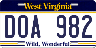 WV license plate DOA982