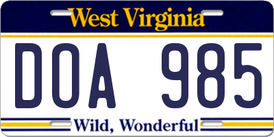 WV license plate DOA985