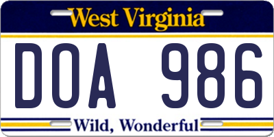 WV license plate DOA986