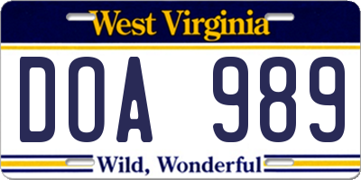 WV license plate DOA989