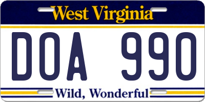 WV license plate DOA990