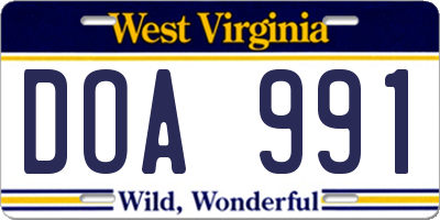 WV license plate DOA991