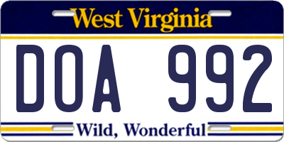 WV license plate DOA992