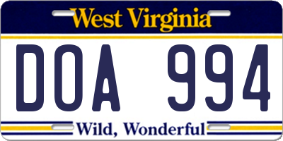 WV license plate DOA994