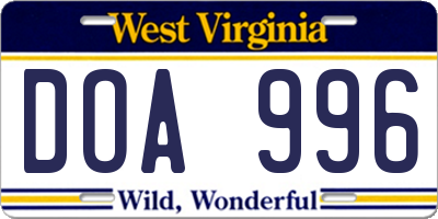 WV license plate DOA996