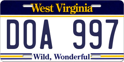 WV license plate DOA997