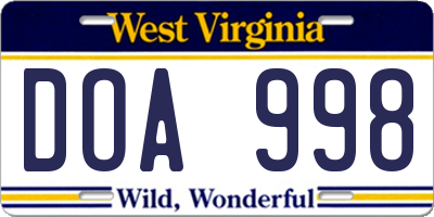WV license plate DOA998