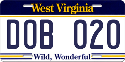 WV license plate DOB020