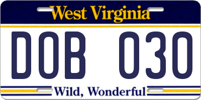 WV license plate DOB030