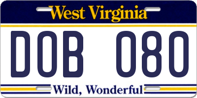 WV license plate DOB080