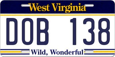 WV license plate DOB138