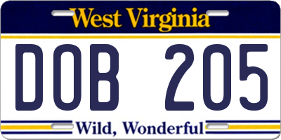 WV license plate DOB205