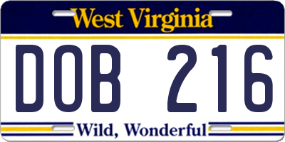 WV license plate DOB216