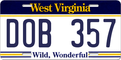 WV license plate DOB357