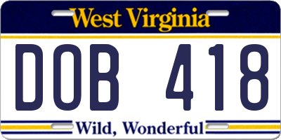 WV license plate DOB418