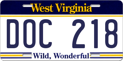 WV license plate DOC218