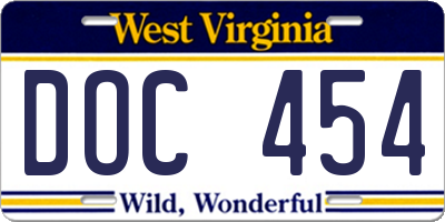 WV license plate DOC454