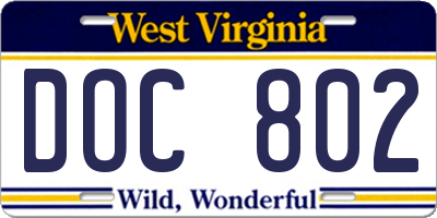 WV license plate DOC802