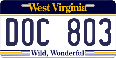 WV license plate DOC803