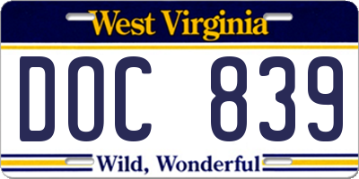 WV license plate DOC839