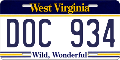 WV license plate DOC934
