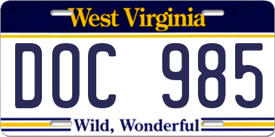 WV license plate DOC985