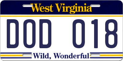WV license plate DOD018