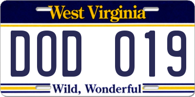 WV license plate DOD019