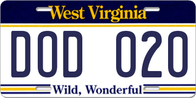 WV license plate DOD020