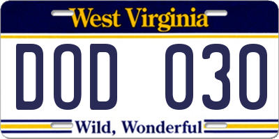 WV license plate DOD030