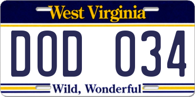 WV license plate DOD034