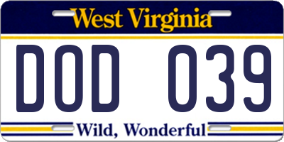WV license plate DOD039