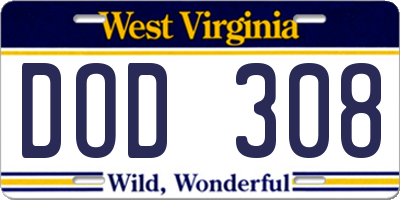 WV license plate DOD308