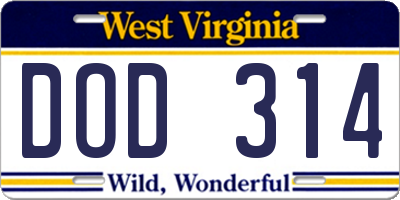 WV license plate DOD314