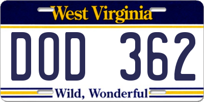 WV license plate DOD362