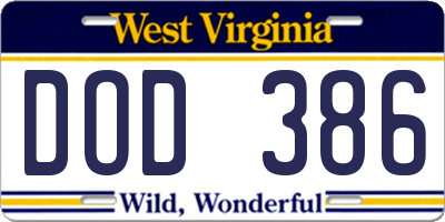 WV license plate DOD386