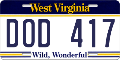 WV license plate DOD417