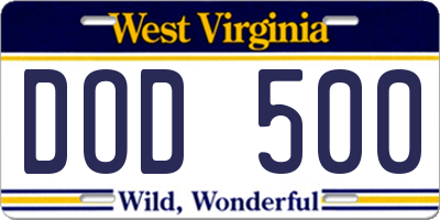 WV license plate DOD500