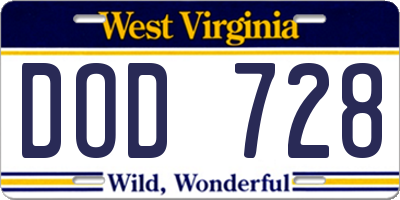 WV license plate DOD728