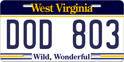 WV license plate DOD803