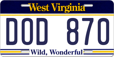 WV license plate DOD870