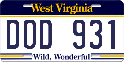 WV license plate DOD931