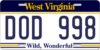 WV license plate DOD998