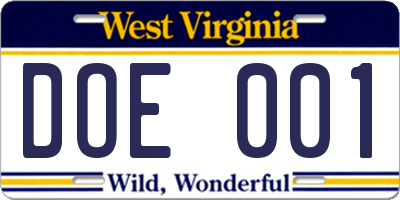 WV license plate DOE001