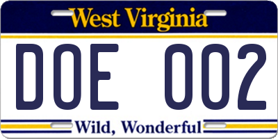 WV license plate DOE002