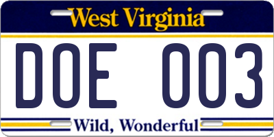 WV license plate DOE003