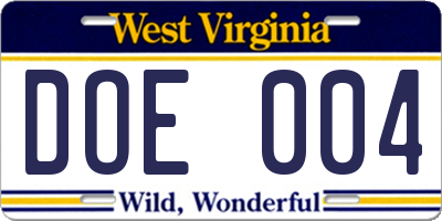 WV license plate DOE004
